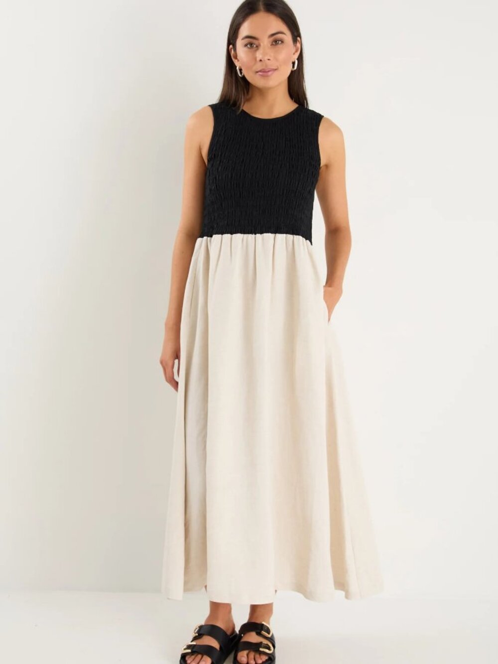 New Oatmeal & Black Contrast Bodice Midi Dress - Picture 3 of 11
